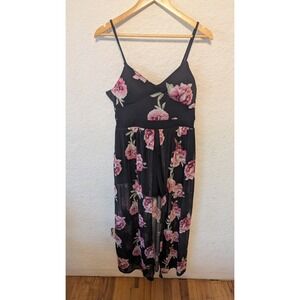 No‎ Boundaries Floral Walk-Thru Romper Dress Black Pink Maxi Overlay L 11-13 NEW